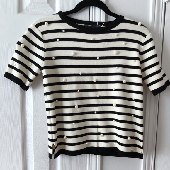 Zara Striped Black & White Sweater with Pearls - Picture 2 of 3